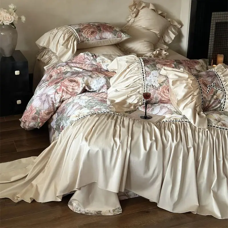 Romantic Vintage Bedding Set, Oil Painting Style, Flowers, Big Ruffles, Egyptian Cotton Duvet Cover Set, Bed Sheet, Pillowcases