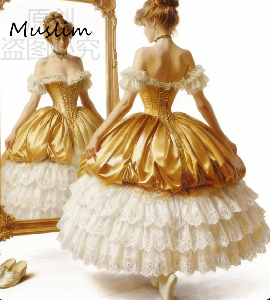 

Aristocratic Gold Baroque Evening Dress 2026 Lace Frilly Puffy Tea Party Gown Off Shoulder Victorian Prom Dress Medieva Costume