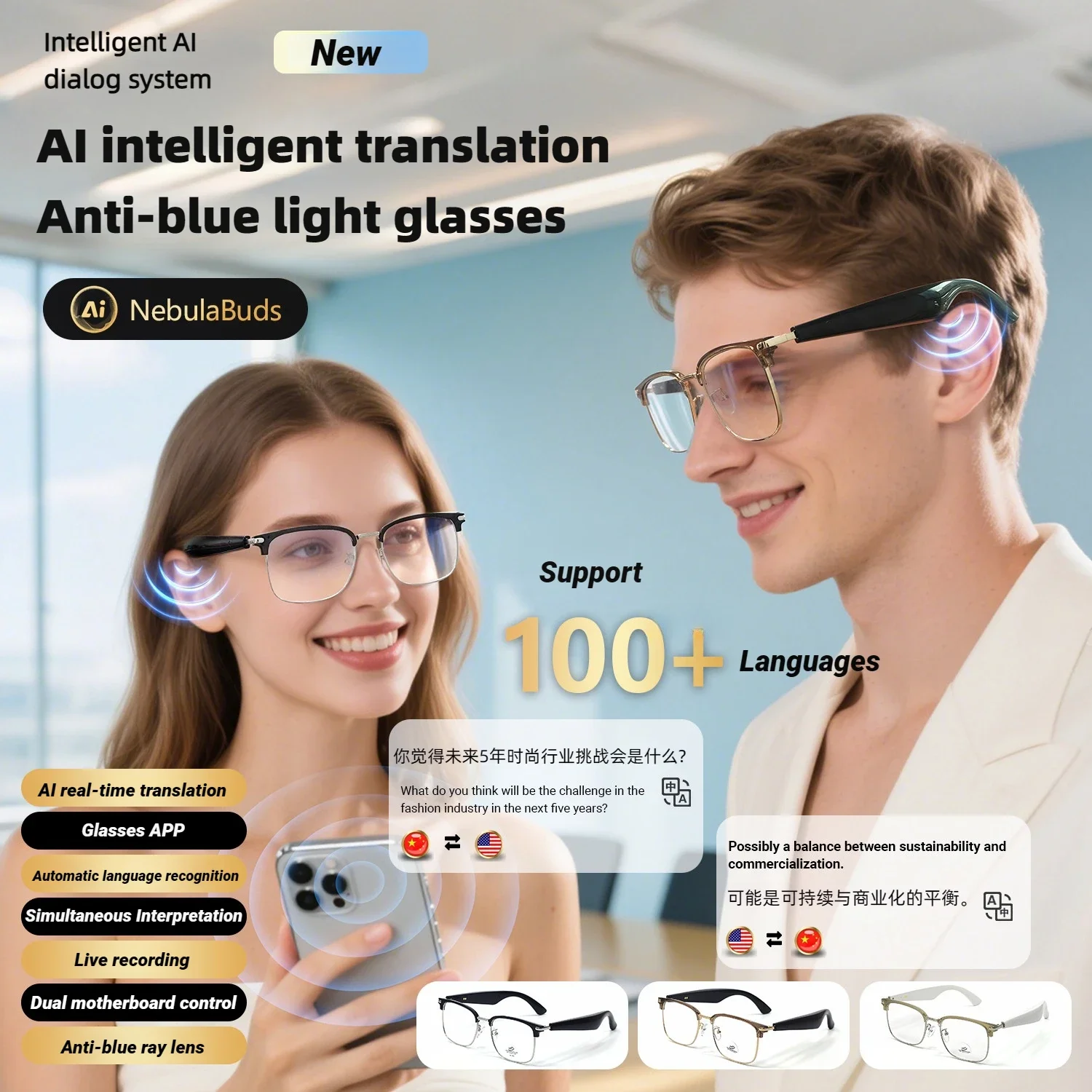 

OLLYMURS AI Bluetooth Translatior Prescription Glasses Over 100 Languages Real-time Translation Anti Blue Light Reading Eyeglass