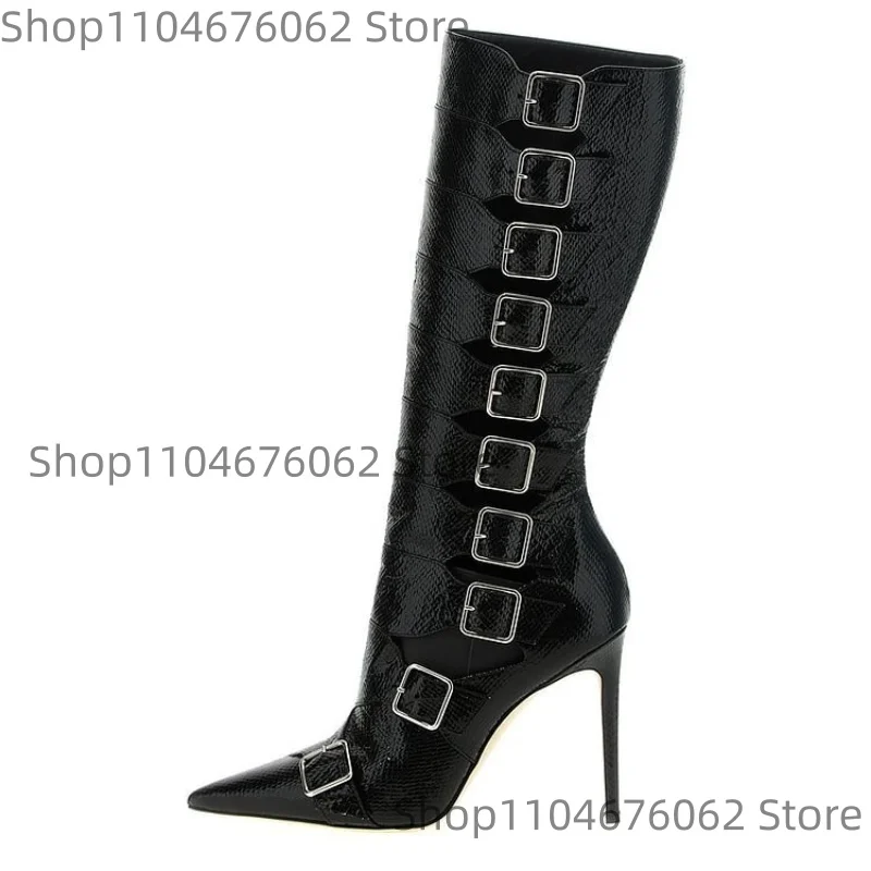 Stivali al ginocchio in pelle nera con venature della pietra da donna Punta a punta Tacco a spillo Cerniera Fibbia per cintura Design Street Punk Botas a metà polpaccio
