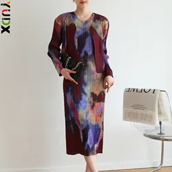 YUDX Miyake Pleated Personalized Printing High Quality Fashion Women Cardigan Jacket + Dress 2024 Early Spring New