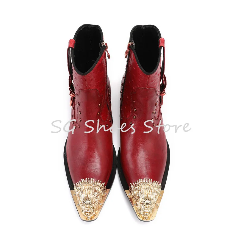 

Punk Rivet Belt Buckle Ankle Short Boots Male Party Dress Leather Shoes Fashion Design Metal Lion Head Men's Chelsea Boots
