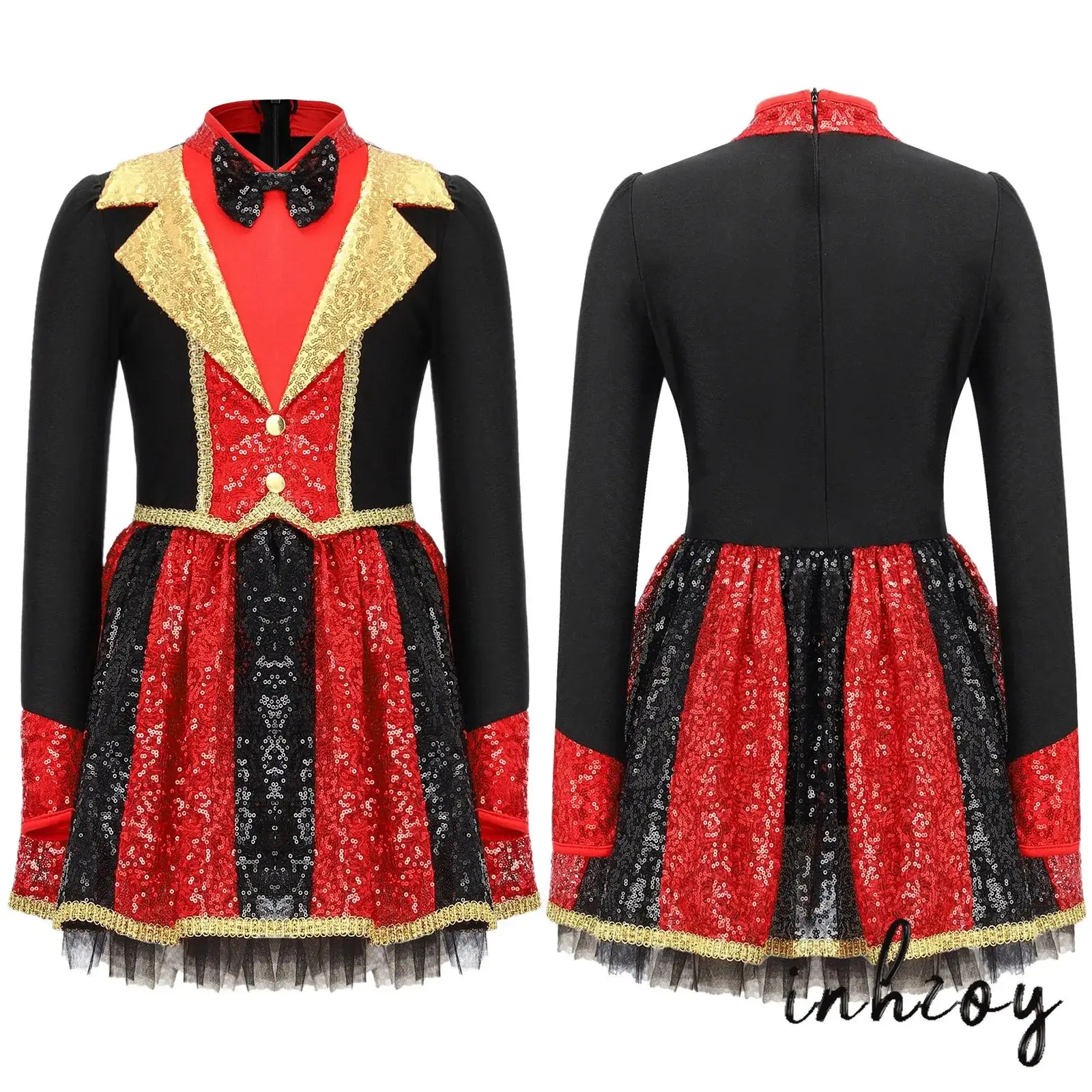 

Kids Girls Vintage Circus Ringmaster Dress Sequin Stripes Puffy Sleeve Built-in Briefs Invisible Back Zip Party Performance Wear