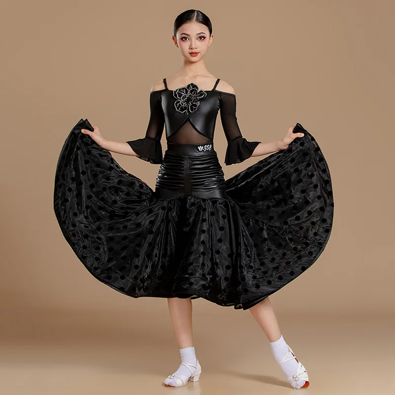Kinder Mädchen Spaghettiträger Mesh Bodysuit und lange Swing-Röcke Übungssets Kinder Ballsaal Professionelle Tanzkostüme