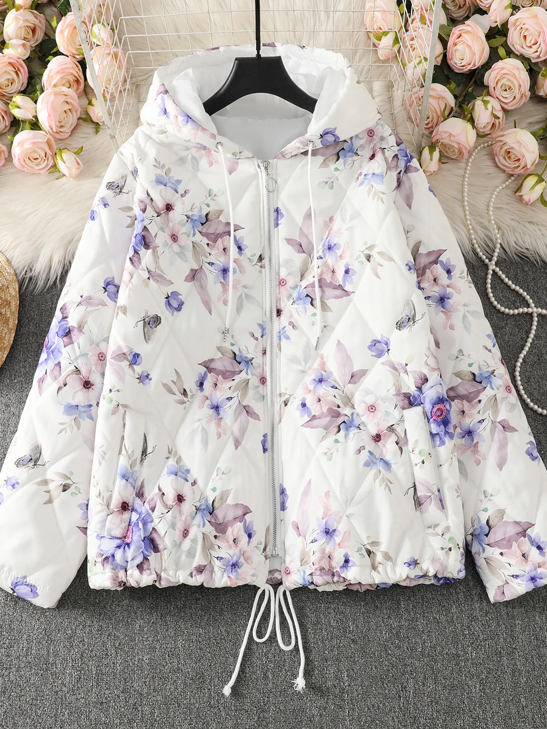 

Faionable Hooded Women's Jaet White Print Design Thiened Cotton Coat Warm Commute Sle Regular Fit Long Sve Zipper