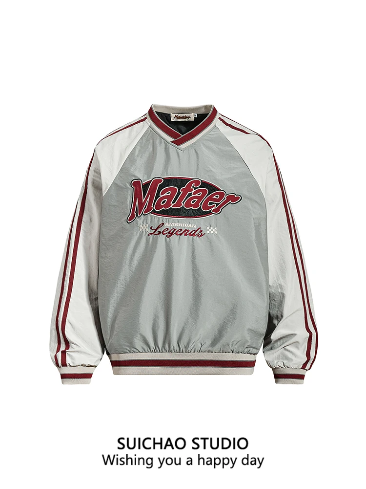 

Свитшот Suichao в американском ретро-стиле с вышивкой букв и пэчворком, V-образный вырез, уличный спортивный повседневный свободный модный топ для пар