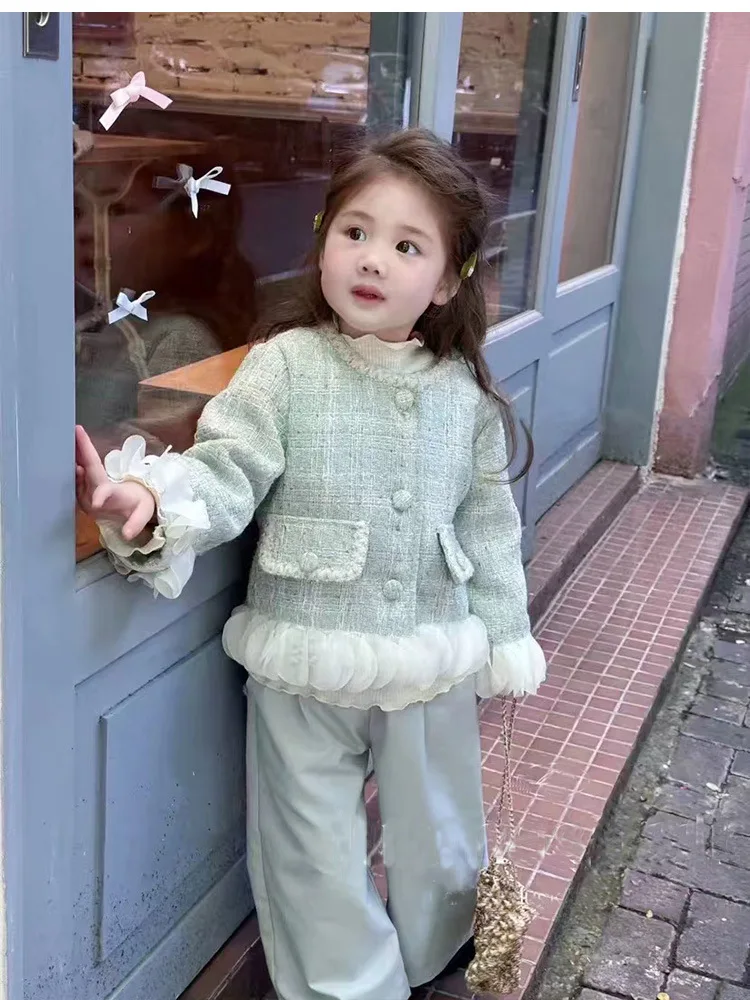 

Girls' Western Style Woven Korean Coat2024Autumn New Baby Sweet Petal Edges Cardigan Top