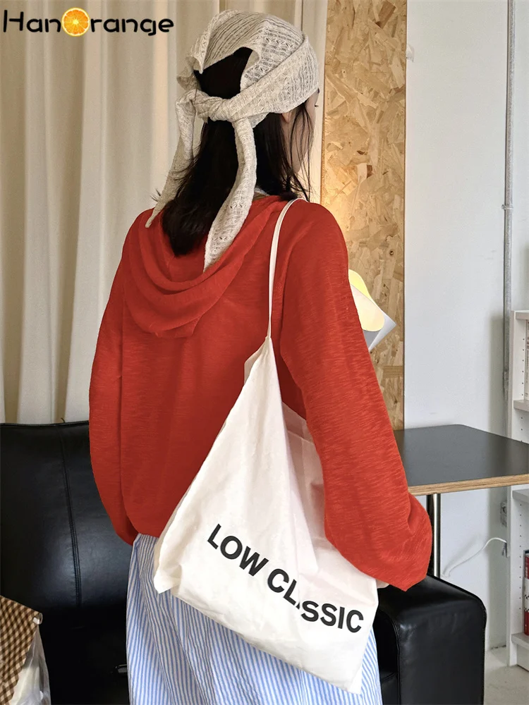 HanOrange 2026 Summer Lazy Zipper Hoodie Women Lightweight Cardigan Sunscreen Hooded Top Light Gray/Blue/Navy Blue/Red