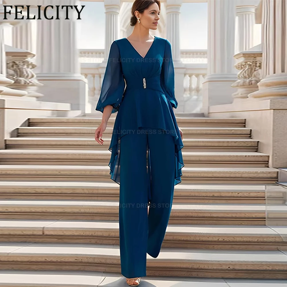 

Jumpsuit/Pantsuit Mother of the Bride Dress Customized Chiffon V-Neck Formal Wedding Guest Dresses Pleated Crystal Evening Gowns