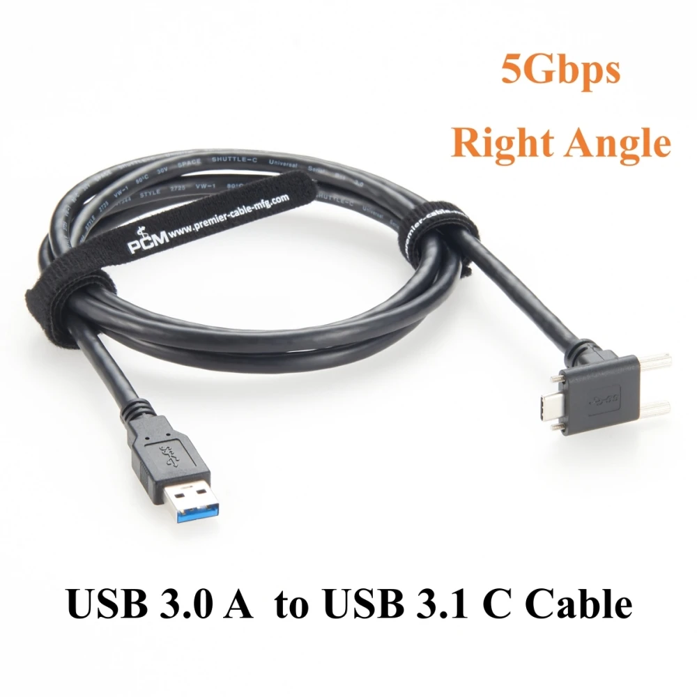 Right Angle USB 3.0 A Male to 3.1 C Male Cable 5Gbps Screw Panel Mount Type C to A Charging & Data Cable for Industrial Camera