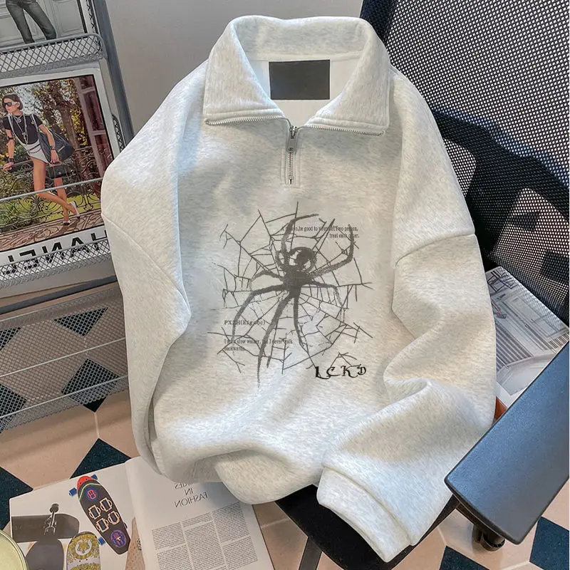 American autumn and winter men and women trendy personalized spider print half zip pullover for couples loose retro casual top