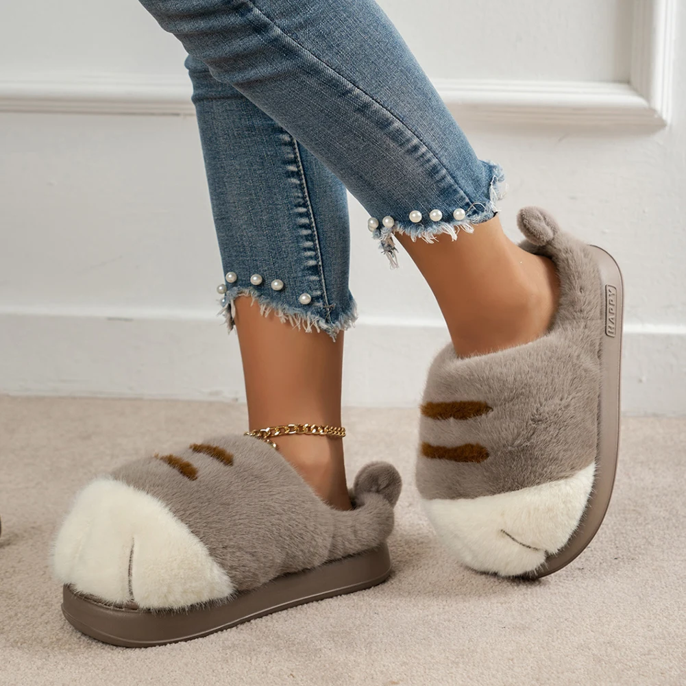 Pantoufles en peluche patte de chat 3D, chaussures de maison chaudes à enfiler, pantoufles thermiques plates et confortables, pantoufles de Couple en fourrure pour l'automne et l'hiver