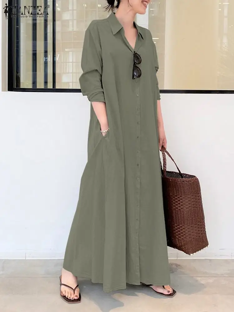 2023 ZANZEA Autumn Women Lapel Neck Long Sleeve Maxi Long Dress Robe Femme Casual Loose Sundress Kaftan Solid Shirt Vestidos