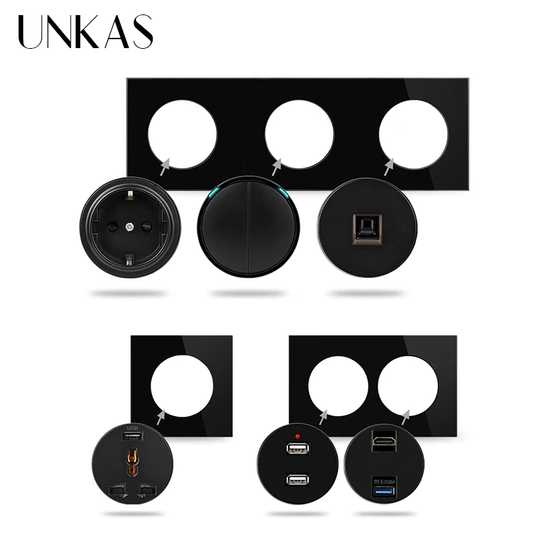 UNKAS A8 DIY Black Glass Free Combination EU French 1 2 3 Gang 1 2 Way HDMI-Compatible 2.0 USB 3.0 TV Computer Socket Outlet