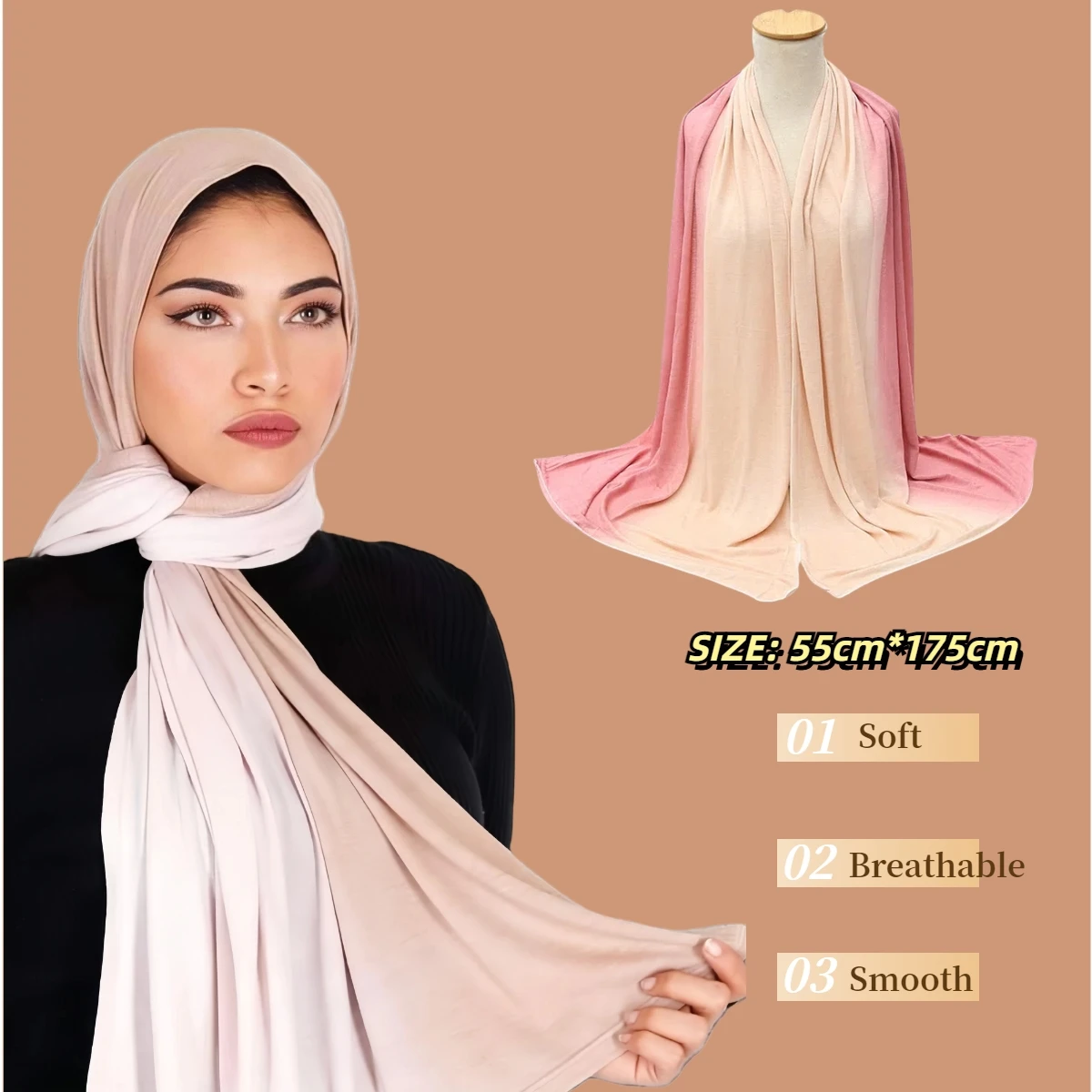 Fashion Elastic Mercerized Cotton Modal Headscarf Hand Painted Dyeing Two Color Gradient Scarf Muslim Woman Cotton Jersey Hijabs