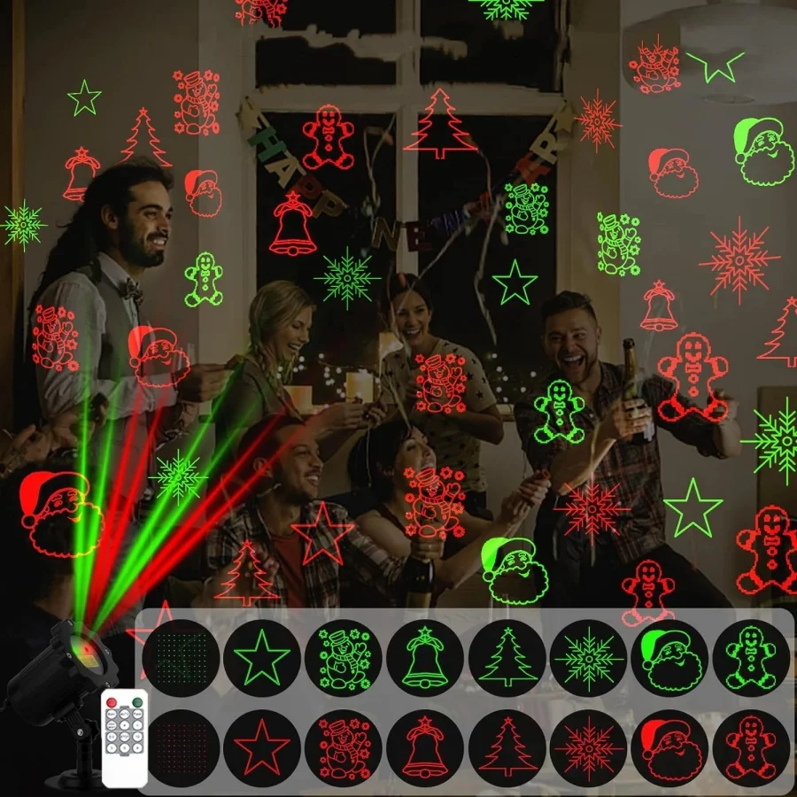 12 Patterns Christmas Laser Projector Lights Outdoor Red and Green Christmas Party Lights for House Garden Holiday Decoration