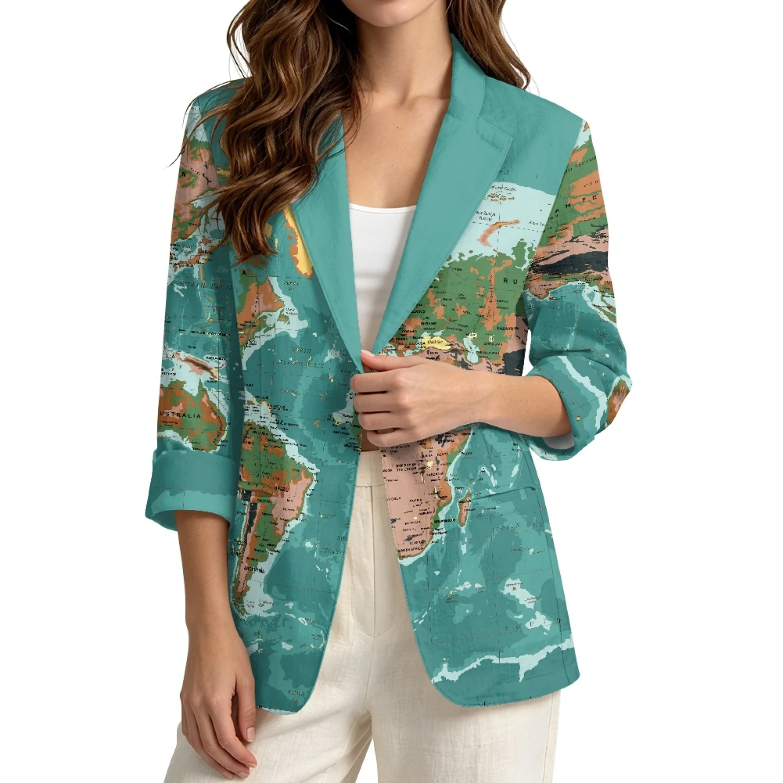 PENSTROLL Map Design Linen Like Open Front Tops Work Cardians for Womens 3/4 Sleeve Beach Coverups