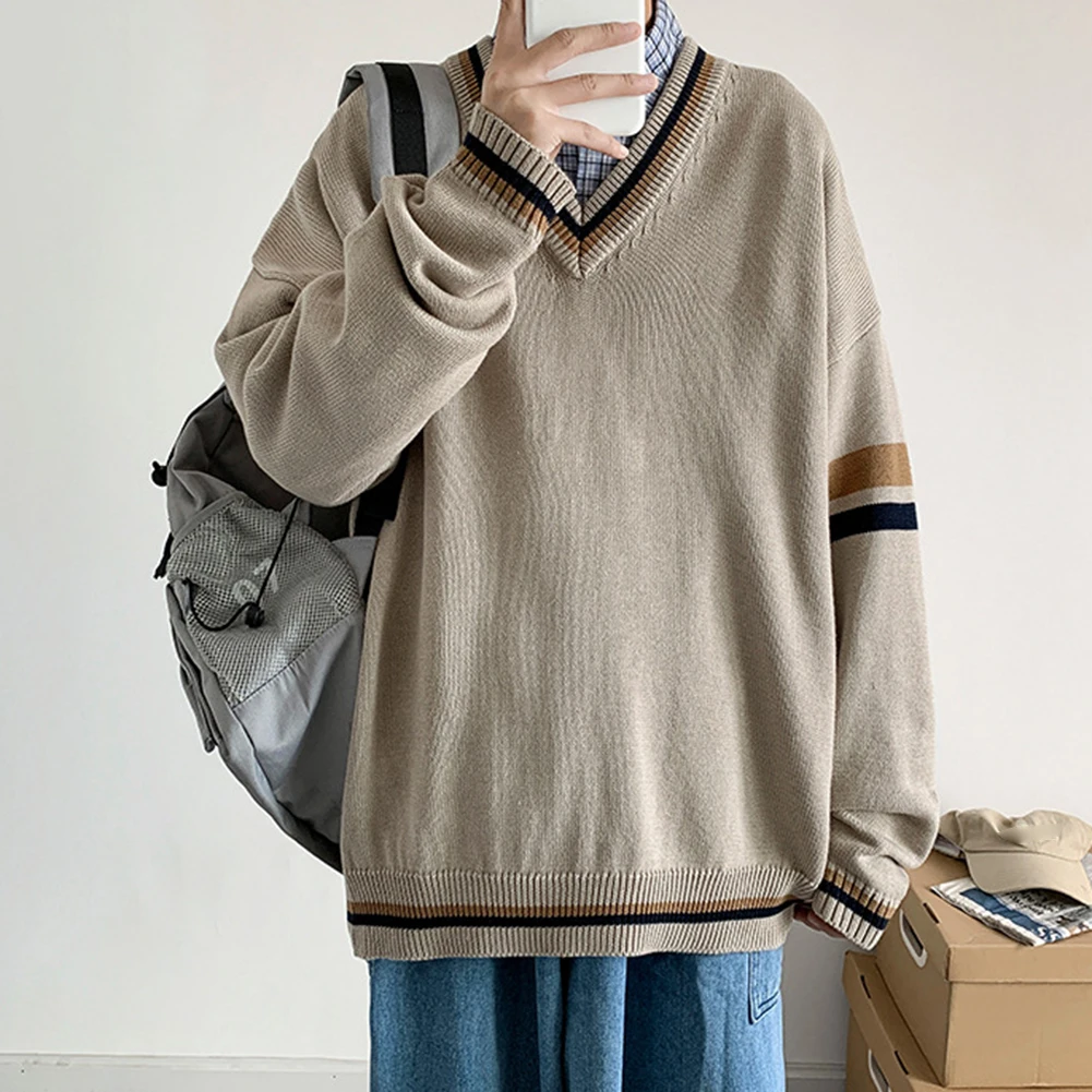 Maglione lavorato a maglia con scollo a V da uomo, stile college coreano, top ampio a maniche lunghe