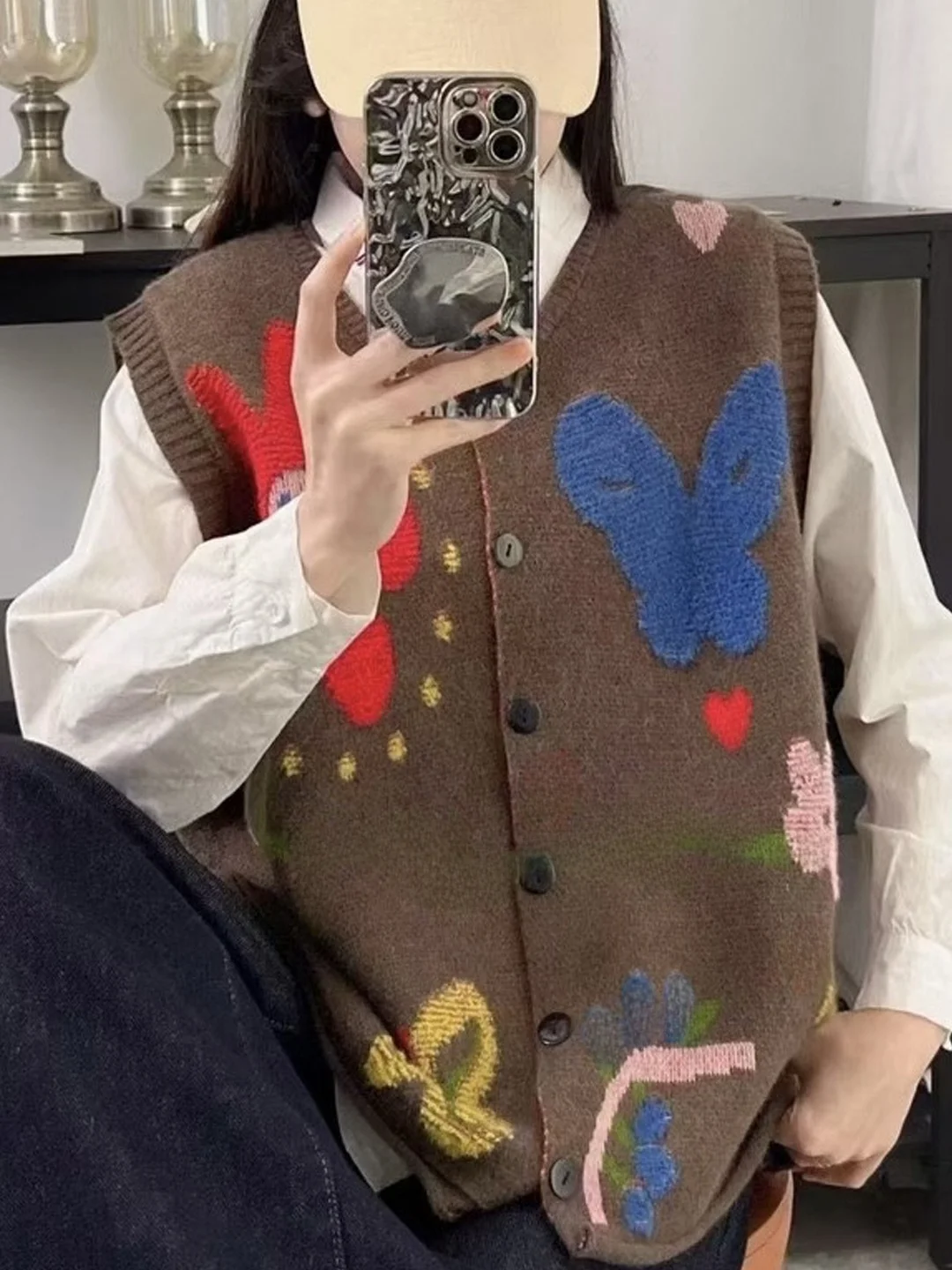 Spring Autumn Versatile Flocking Flower Spliced Color Women's Knitted Sweater Jacket plus Size Lazy Style Top Open Cardigan