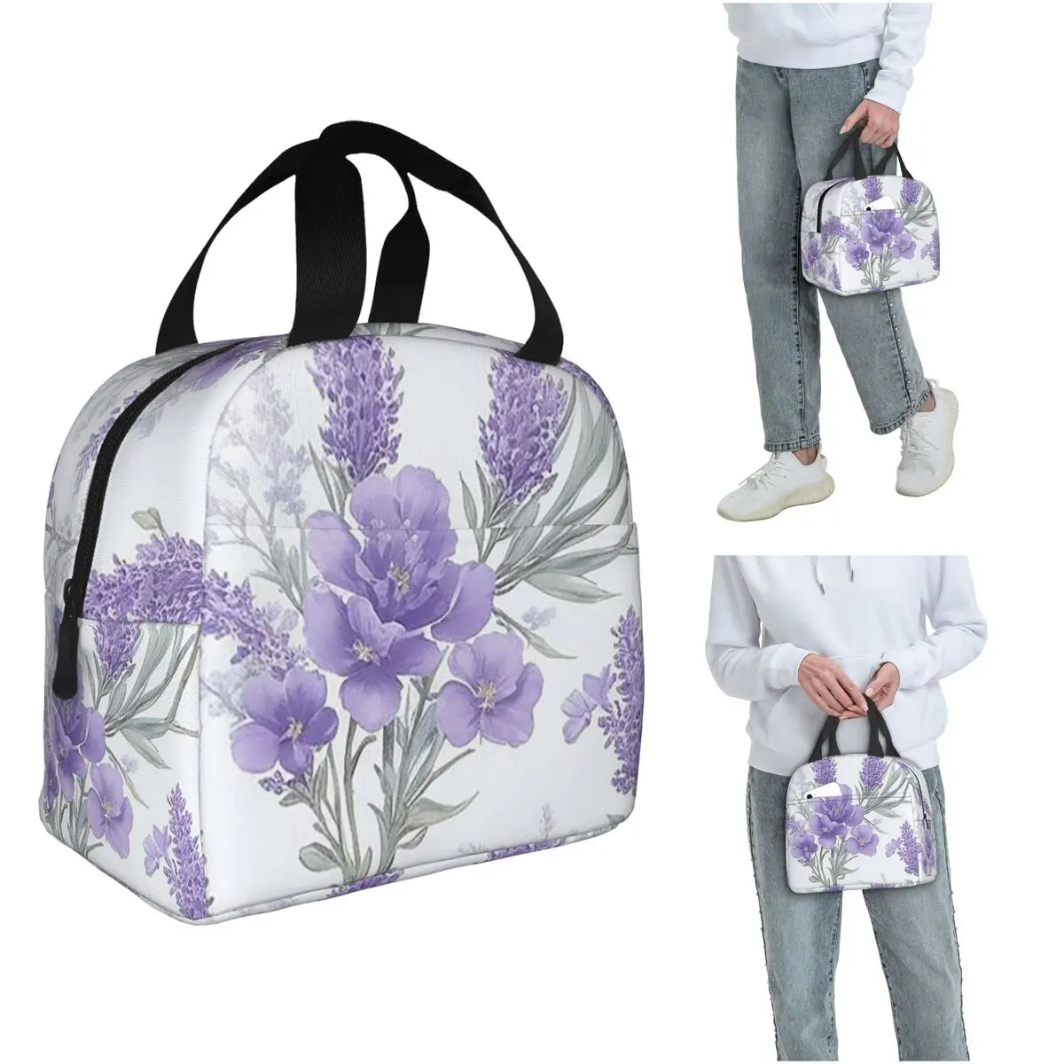 Light Purple Floral Pattern Insulated Lunch Bag for Women Kids Portable Food Boxes Thermal Lunch Box Tote