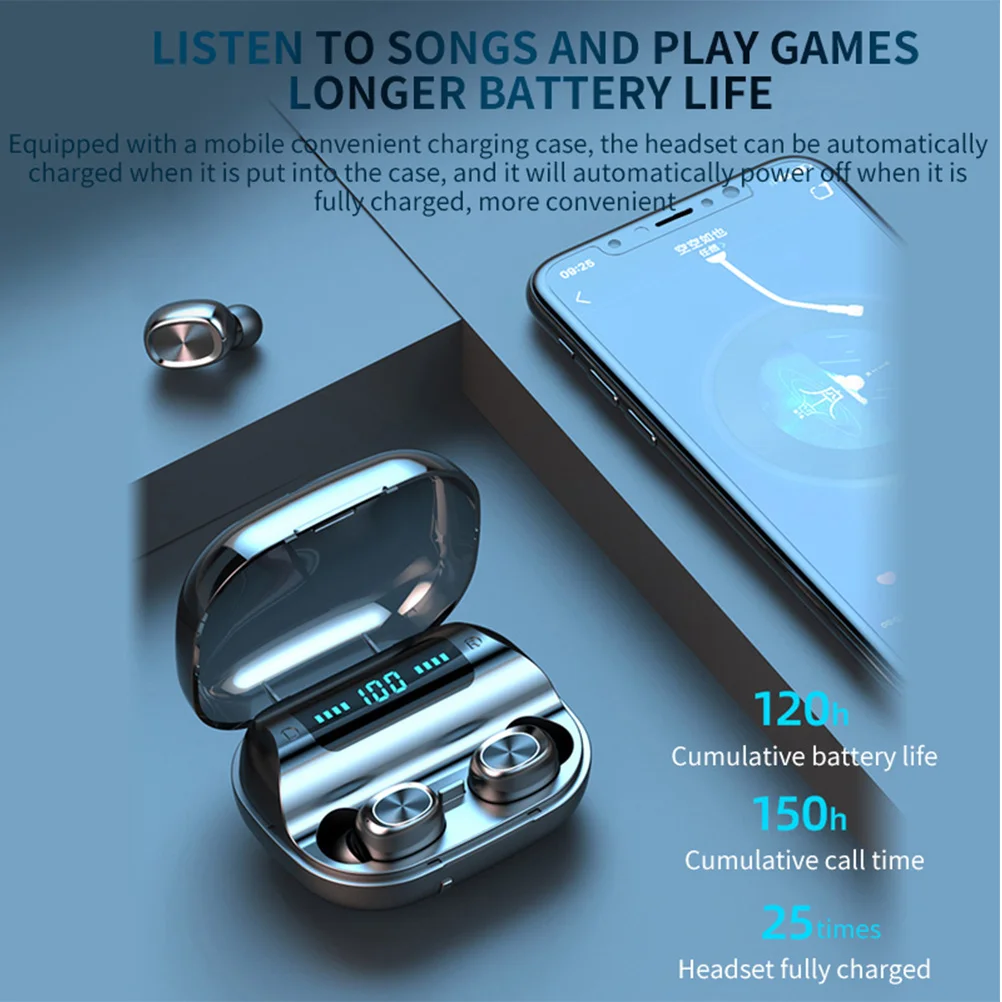

Wireless Earbuds Headphones Hifi Sound Noise Reduction Touch Control Led Display Charging Case Power Bank Waterproof