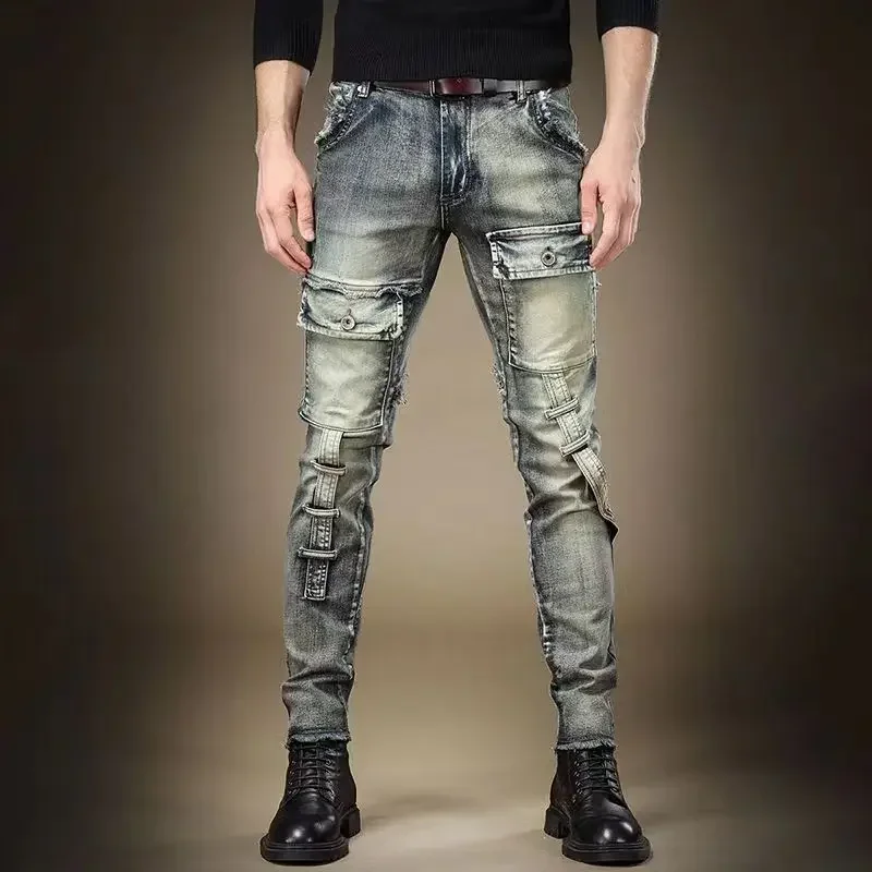 

Jeans For Men Punk Skinny Male Cowboy Pants Tight Pipe Trousers Spliced Straight Slim Fit Motorcycle Comfortable Y 2k Vintage