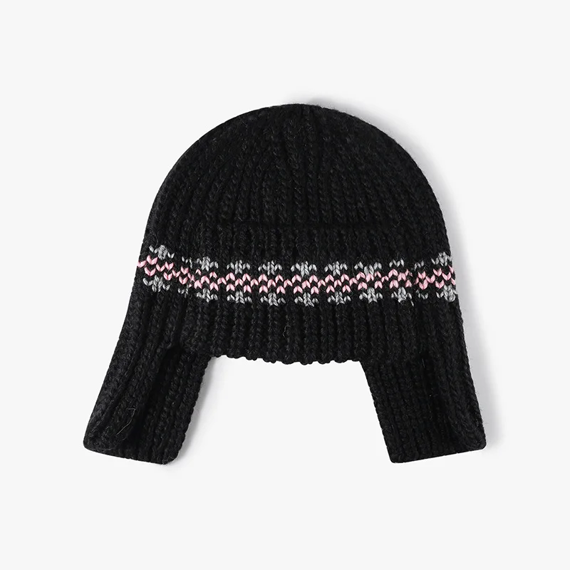 Japanische gestreifte Strickmütze mit Kontrastfarben zum Schutz der Ohren für Herren und Damen, warme Outdoor-Bombermütze für Herbst und Winter – Detail 6