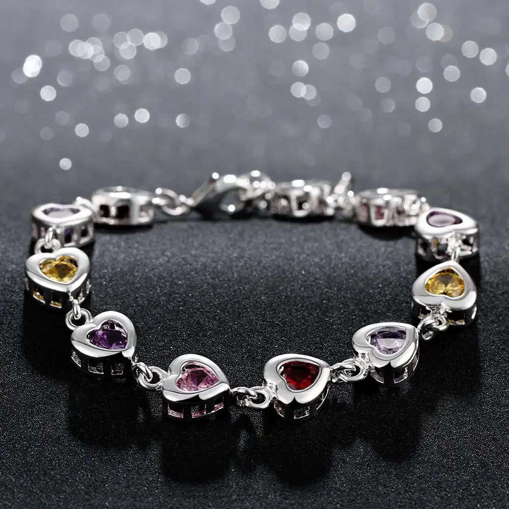 Solid 925 Sterling Silver Bracelets Chain Beautiful Colors Crystal Stone Drop Jewelry Fashion for Women Wedding Lady Cute