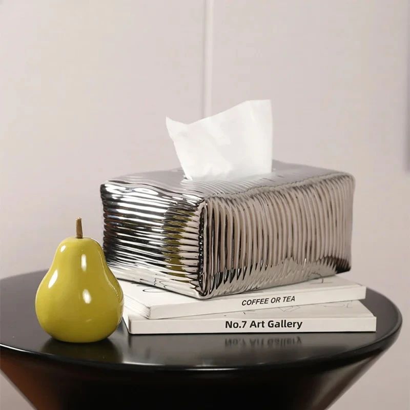 Creative Wave Stripe Silver Tissue Box Coffee Table Desk Decoration Minimalism Ceramic Tissue Box Bedside Table Paper Towel Case