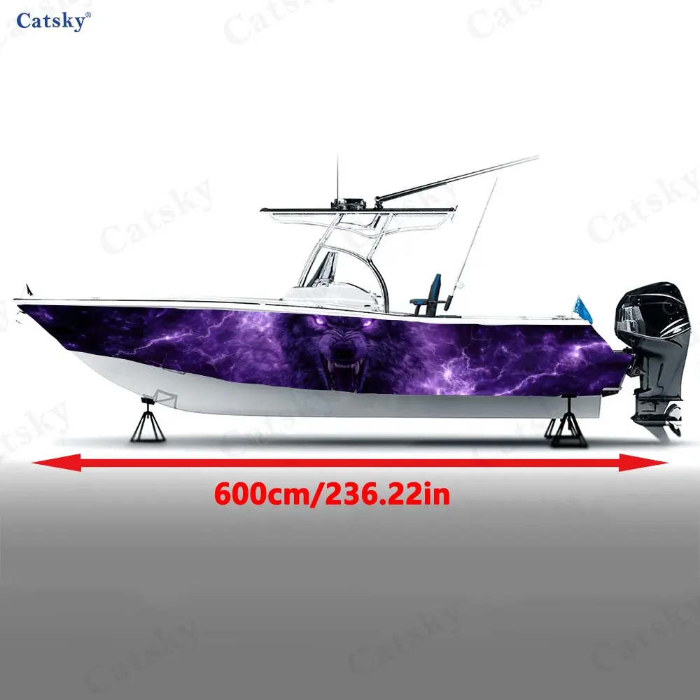 2Pcs Purple Lightning Fierce Wolf Boat Stickers, PVC Waterproof Vinyl Wrap Decals for Fishing Boats, Durable and Stylish Design