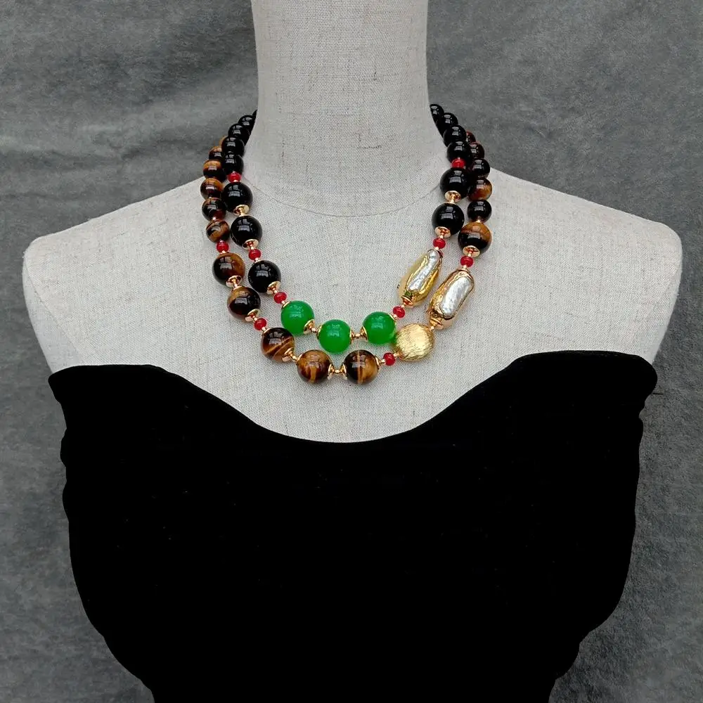 

YYGEM 2 Rows 16x32mm Cultured White Biwa Pearl 12mm-16mm Tiger Eye Green Jade Onyx Statement Necklace Fashion Jewelry