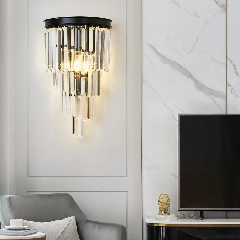 

2025 Modern Minimalist Luxury Crystal Black Wall Lamp Bedroom Bedside Dector Living Room Aisle TV Background LED Lighting