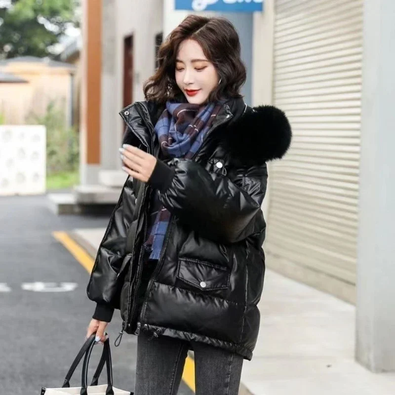 2023 Washable Glossy Down Cotton Jacket for Women in Winter Short Korean Version Large Fur Collar Thickened Hooded Loose Coat