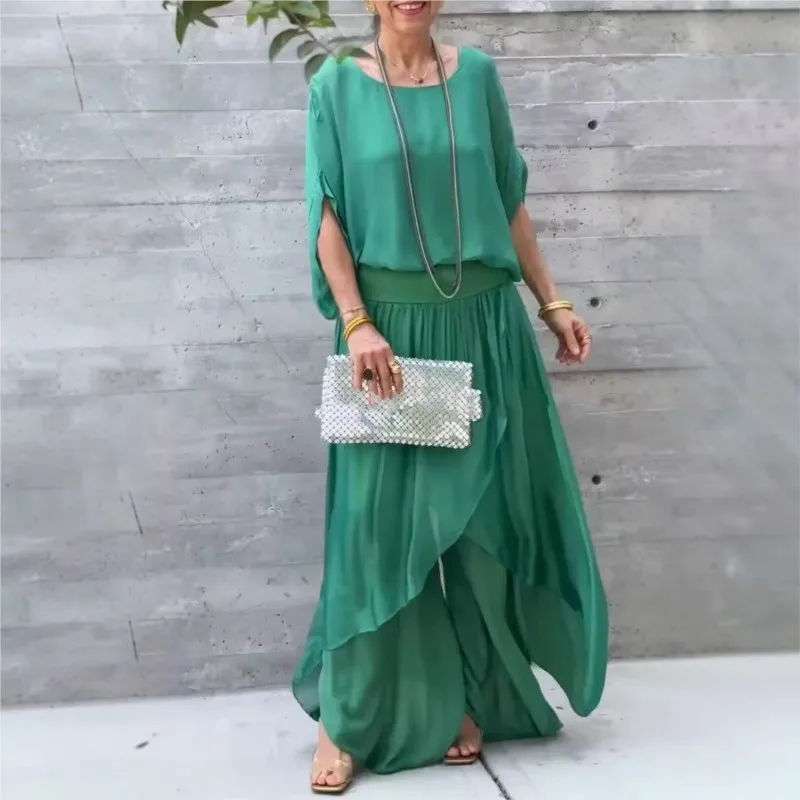 

2025 Autumn Comfortable Loose Women's Chiffon Set Fashion Solid Color Round Neck Half Sleeve Top Casual Wide Pants Two-piece Set