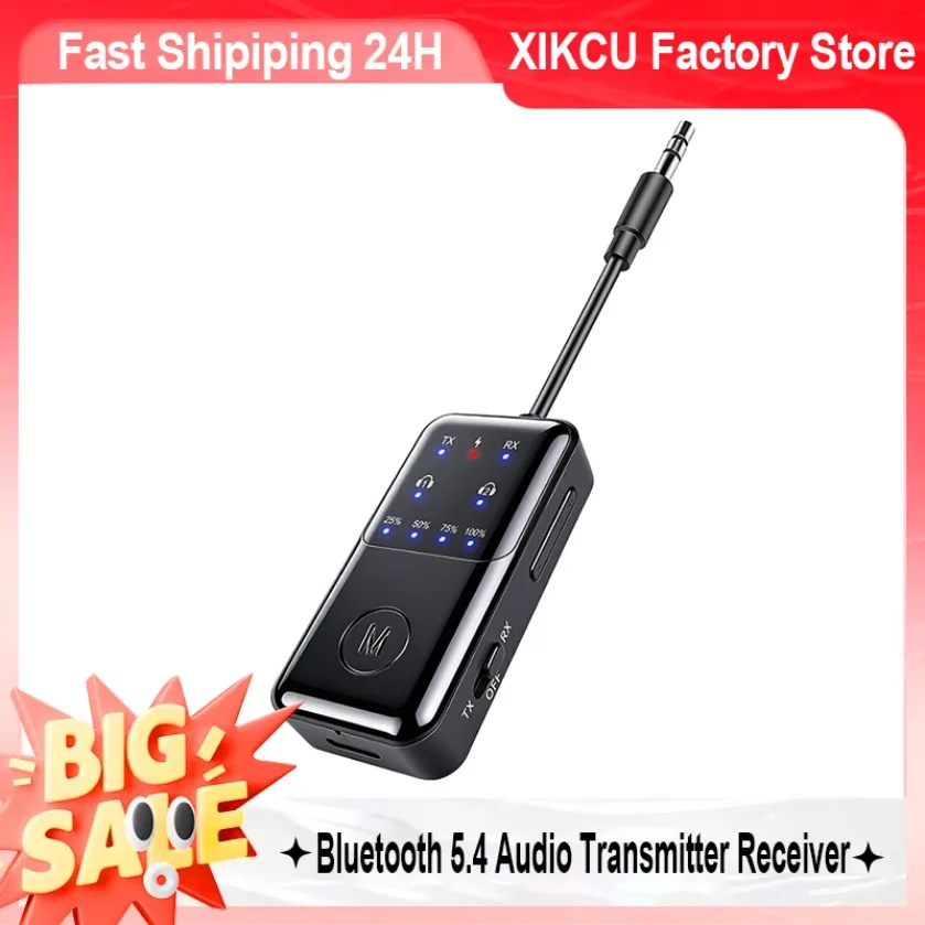 Bluetooth 5.4 Audio Adapter Support One To Two Devices Simultaneous Connection Bendable 3.5mm AUX Jack LED Display Built-in Mic