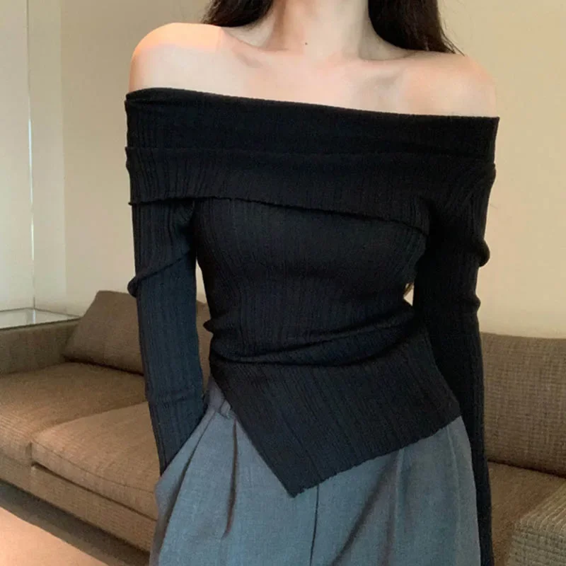 Women's Pullover Autumn Split Irregular Off Shoulder Top Black Long Sleeve Underlay Knitted Sweater For Women