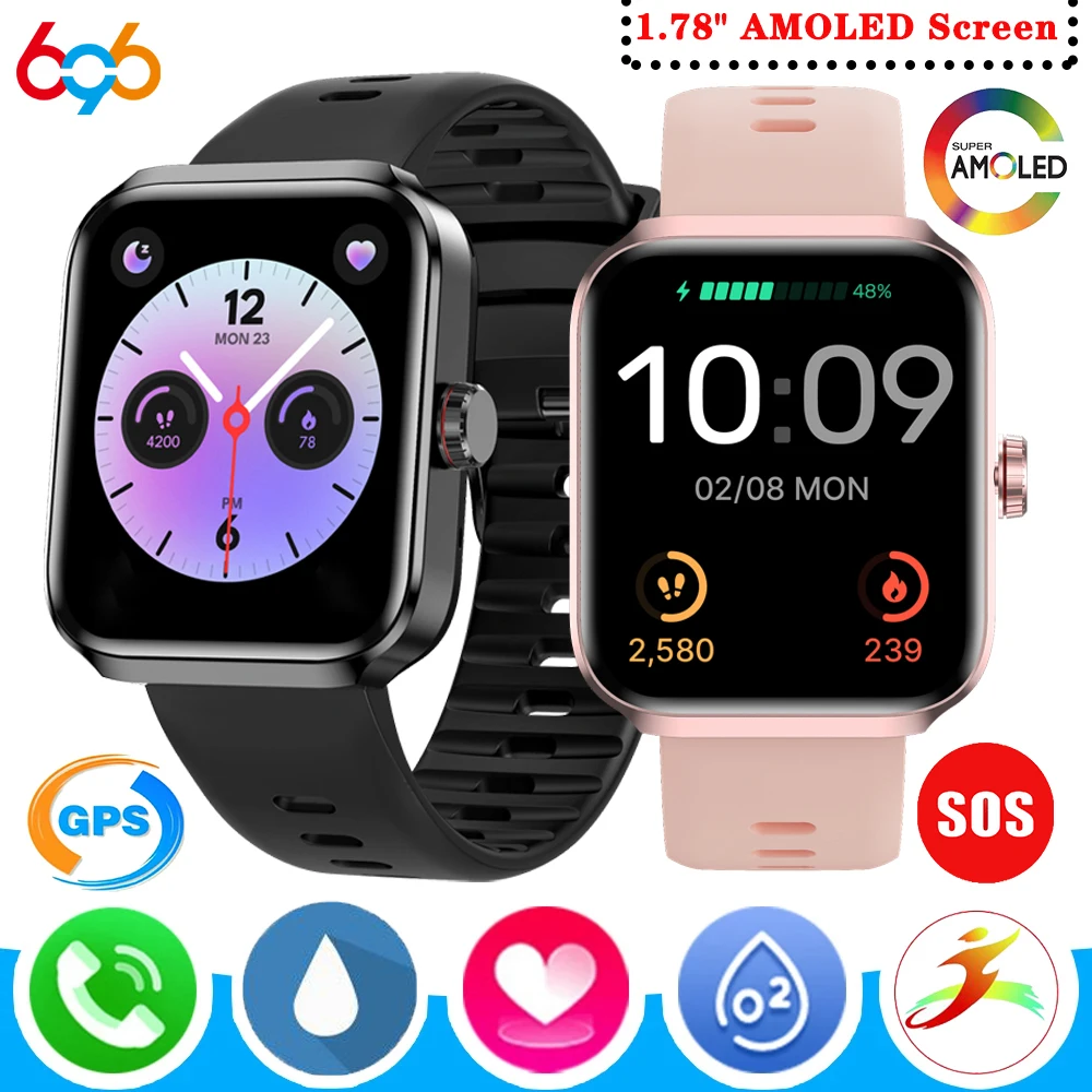 

1.78" AMOLED Screen Blue Tooth Call SOS Outdoor Sport Fitness Tracker Smart Watch GPS Men Women Heart Rate Waterproof Smartwatch