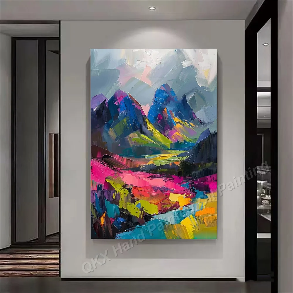 Impasto Hand-Painted Oil Painting Colorful Mountain Landscape Vertical Canvas Art for Living Room Decor Impressive Wall Art