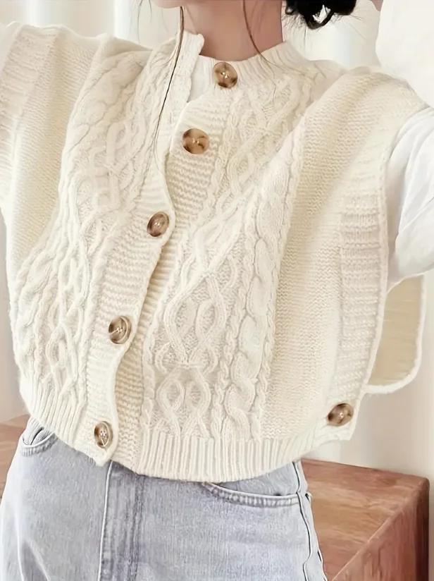 

Ladies Elegant Vintage Twist round Neck Cardigan Button Open-Sided Sweater Casual Vest Comfortable Knitwear