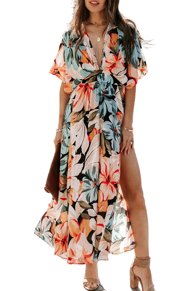 

Holiday Beach Slit Boho Dresses Women Summer Short Batwing Sleeve V-neck Maxi Long Floral Dress Lady Casual Evening Party Dress