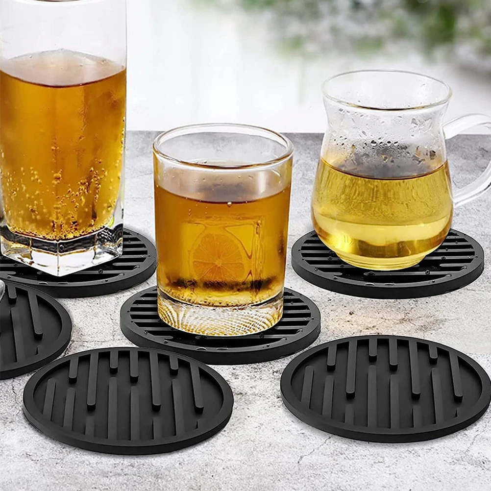 

8pcs Silicone For Drinks Round Anti Coasters With Holder Coffee Table Desk Household Outdoor Black Bottle Mats Kitchen