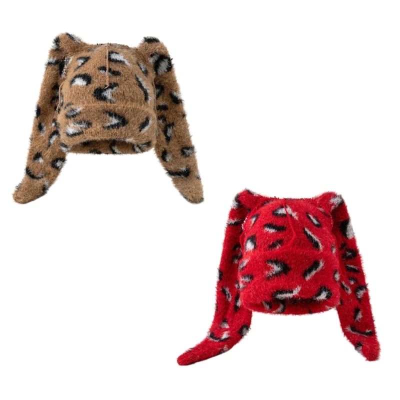 Comfortable Spotted Animal Pattern Long Ear Cap Warm Unisex For Cold Weather Outdoors