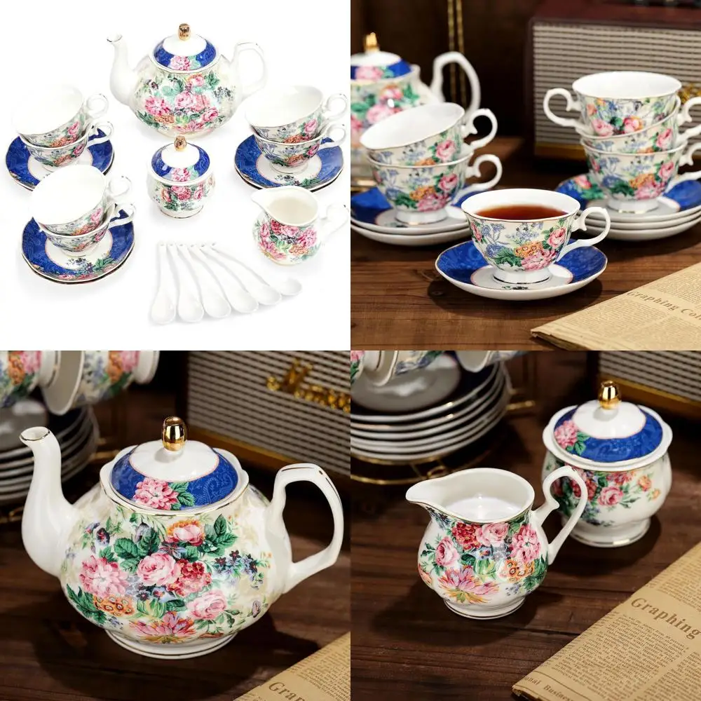

Blue 21-Piece Porcelain Tea Set, 6-Cup Coffee Set, Pink Flower Design for Adults and Women