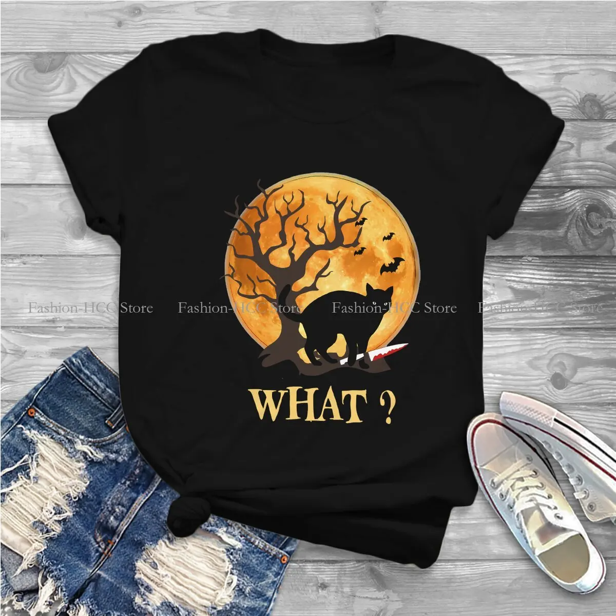 Black Cat With Knife Unique Polyester TShirt Cat What Murderous Comfortable Creative Gift Clothes T Shirt Short Sleeve