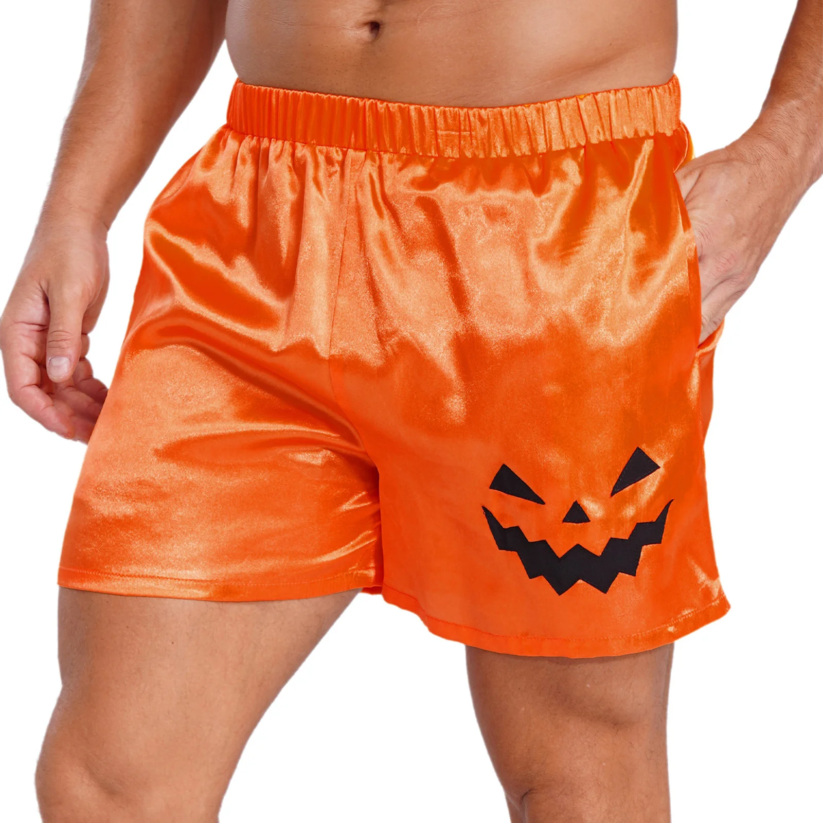 Mens Halloween Pumpkin Face Print Satin Boxers Shorts Solid Color Casual Shorts Silky Pajama Shorts Sleepwear Homewear Nightwear