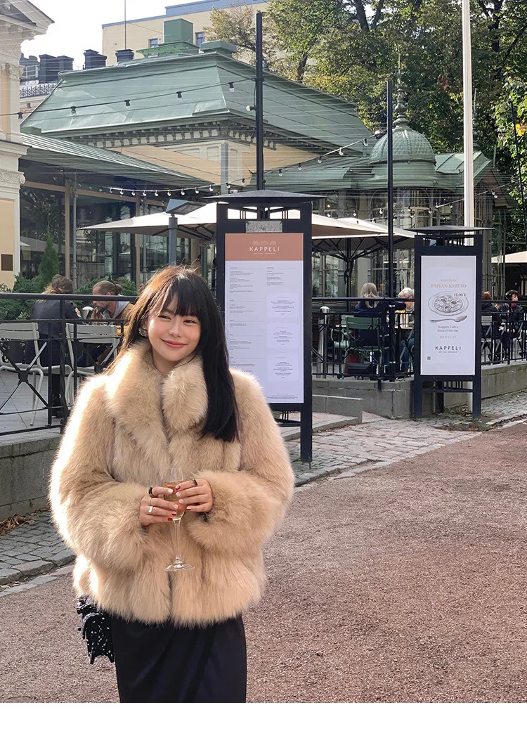 Women Faux Fox Fur Coats Solid Fur Jackets Cotton Linen Haf High Collar Long Sleeves Open Stitch Loose Casual 2026 Autumn Winter