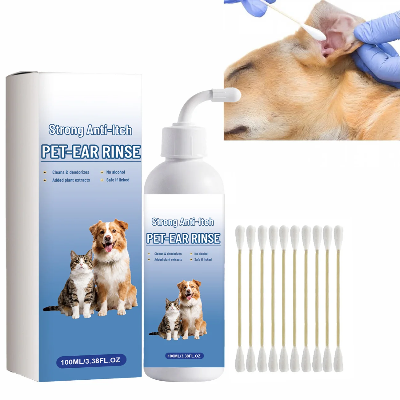 Ear Drops for Dogs and Cats with 10 Cotton Swabs Cleans and Removes Wax Build-Up and Irritants for Pets Relieves Itching Redness