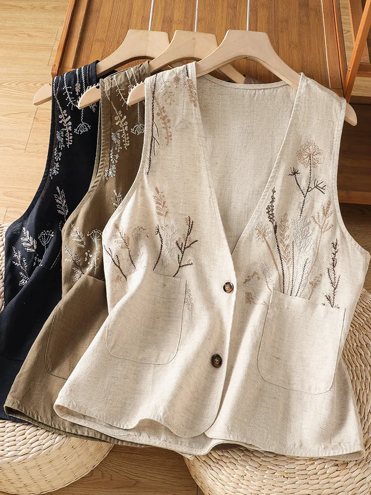 Retro Embroidered Cotton Linen Vest Women Summer Casual Layering Sleeveless Thin Outerwear V-neck Loose Fit Daily Wear