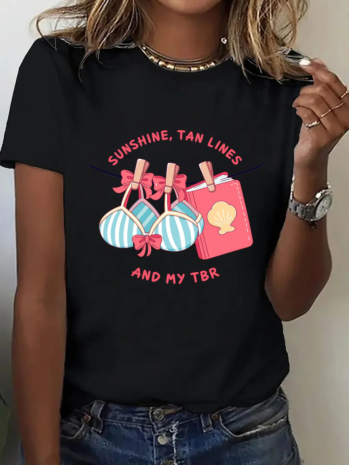 Sunshine Tan Lines And My Tbr Beach Book Graphic Womens T Shirt Short Sleeve Crew Neck Summer Slogan Casual Ladies Tee Tops