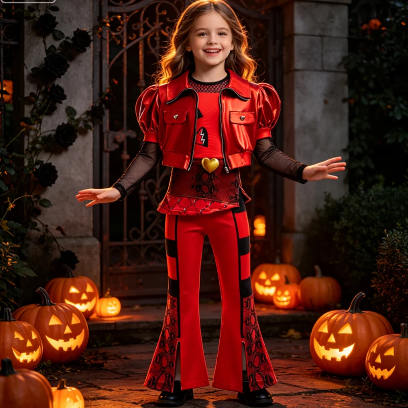 Children's Halloween Cosplay Sets Three-piece Tops+ Jacket+Pant 3Pcs Set Movie Costumes For Girls Party Rise Red Princess Outfit